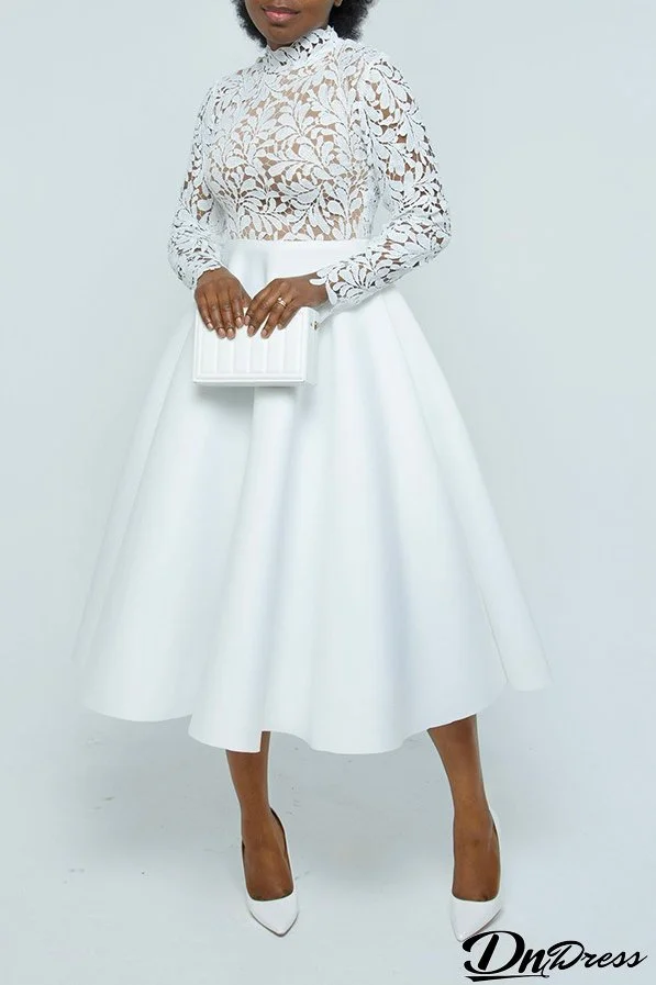 Women's Medium Neck Lace Patchwork A-Line Dress