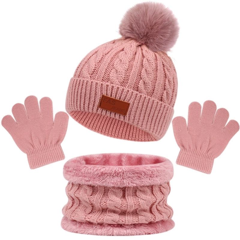 Autumn And Winter Children’s Warm Knitted Hat Scarf Gloves Three-piece Set Baby Outdoor Cold-proof Wool Hat Three Pieces