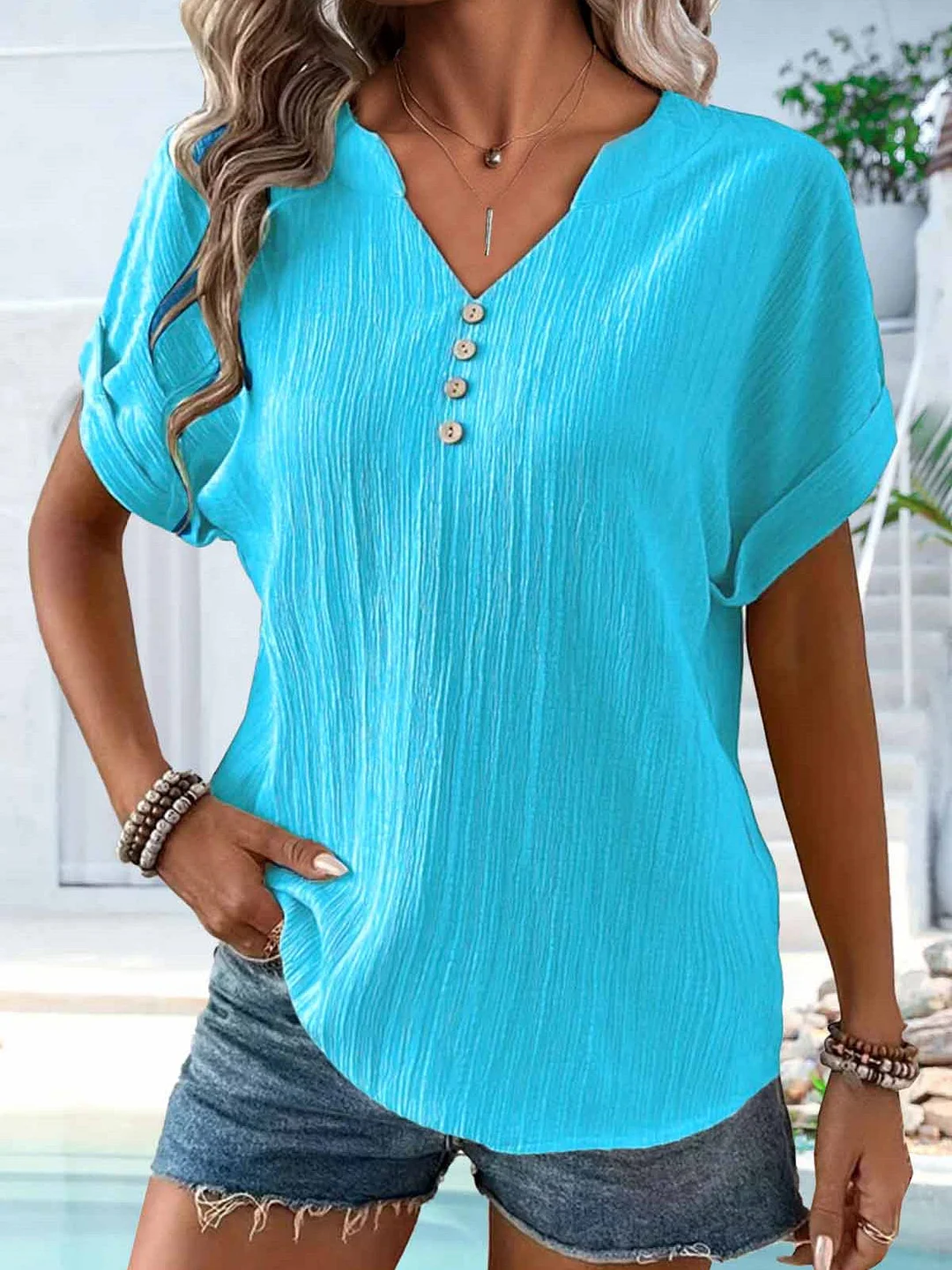 Women Short Sleeve V-neck Solid Button Tops