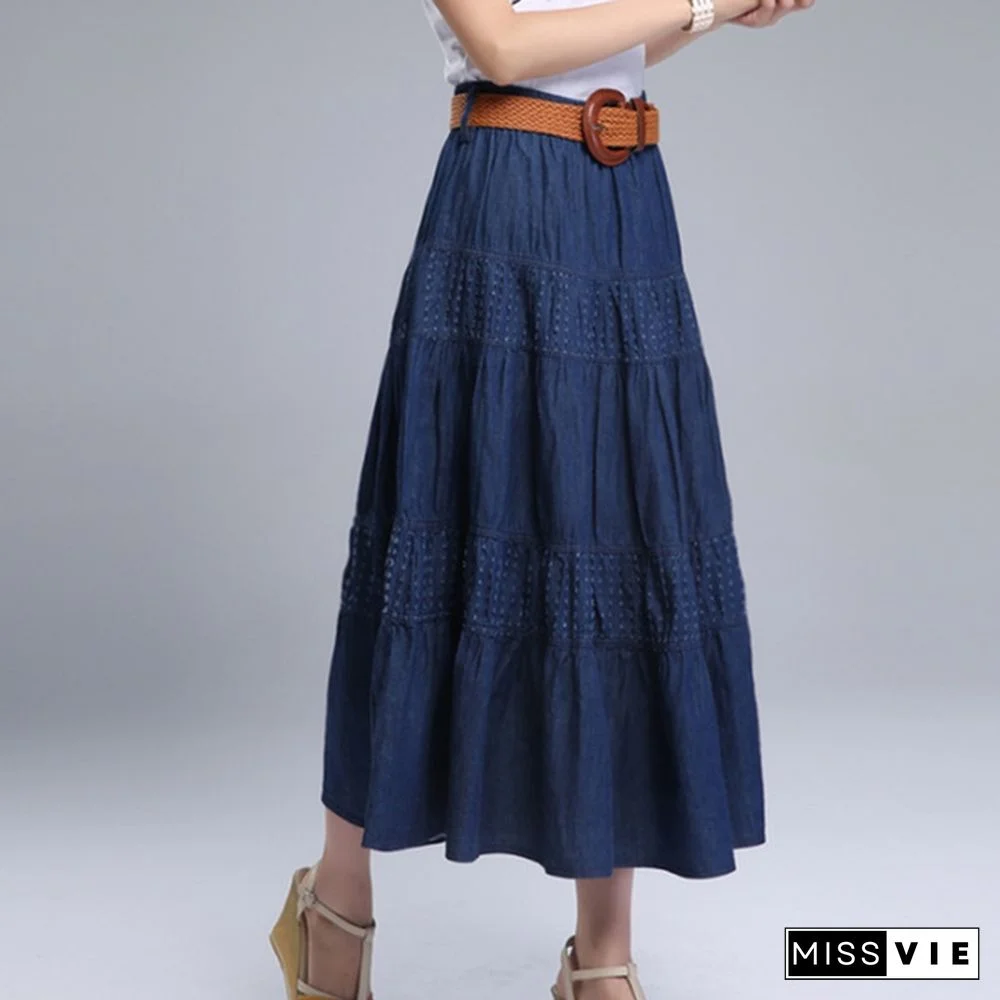 Women Summer Denim Skirts High Waist Plus Size Long Skirt Vintage Solid Color A-Line Jean Skirt With Belt Spring