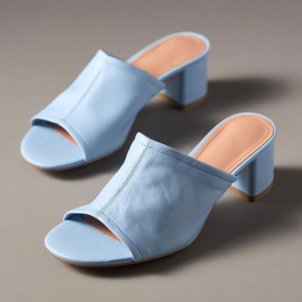 Sky Blue Open Round Toe Mules Sandals with Low Chunky Heel