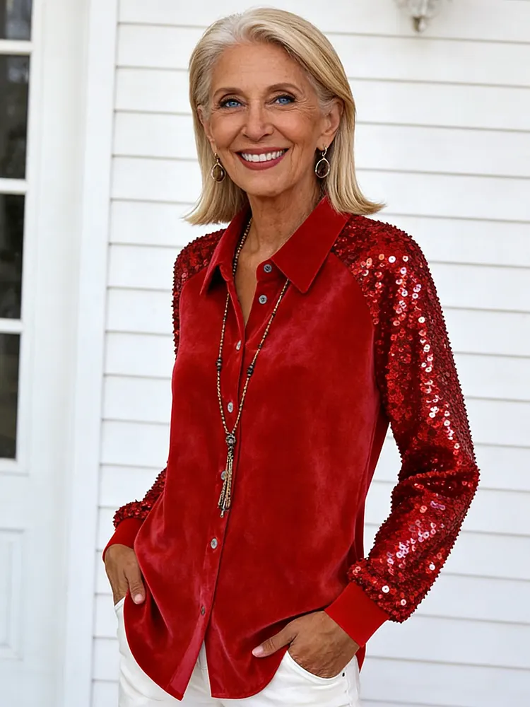 Sequin Sleeve Splicing Long Sleeve Velvet Loose Shirt Top
