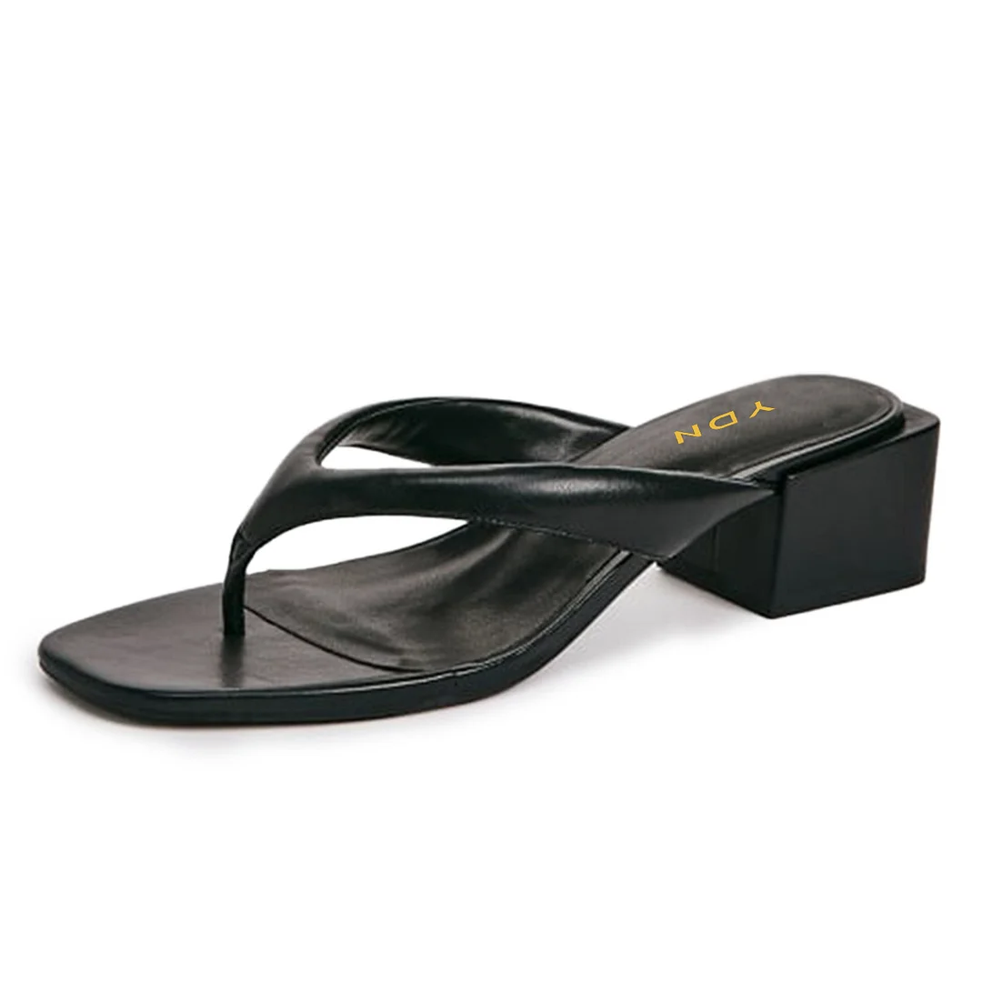 Black Vegan Leather Open Toe Block Heel Flip Flop Mules for Women