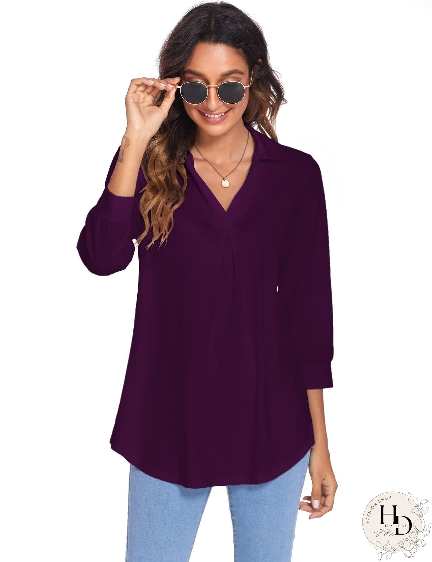 Solid Color V Neck Shirt for Women