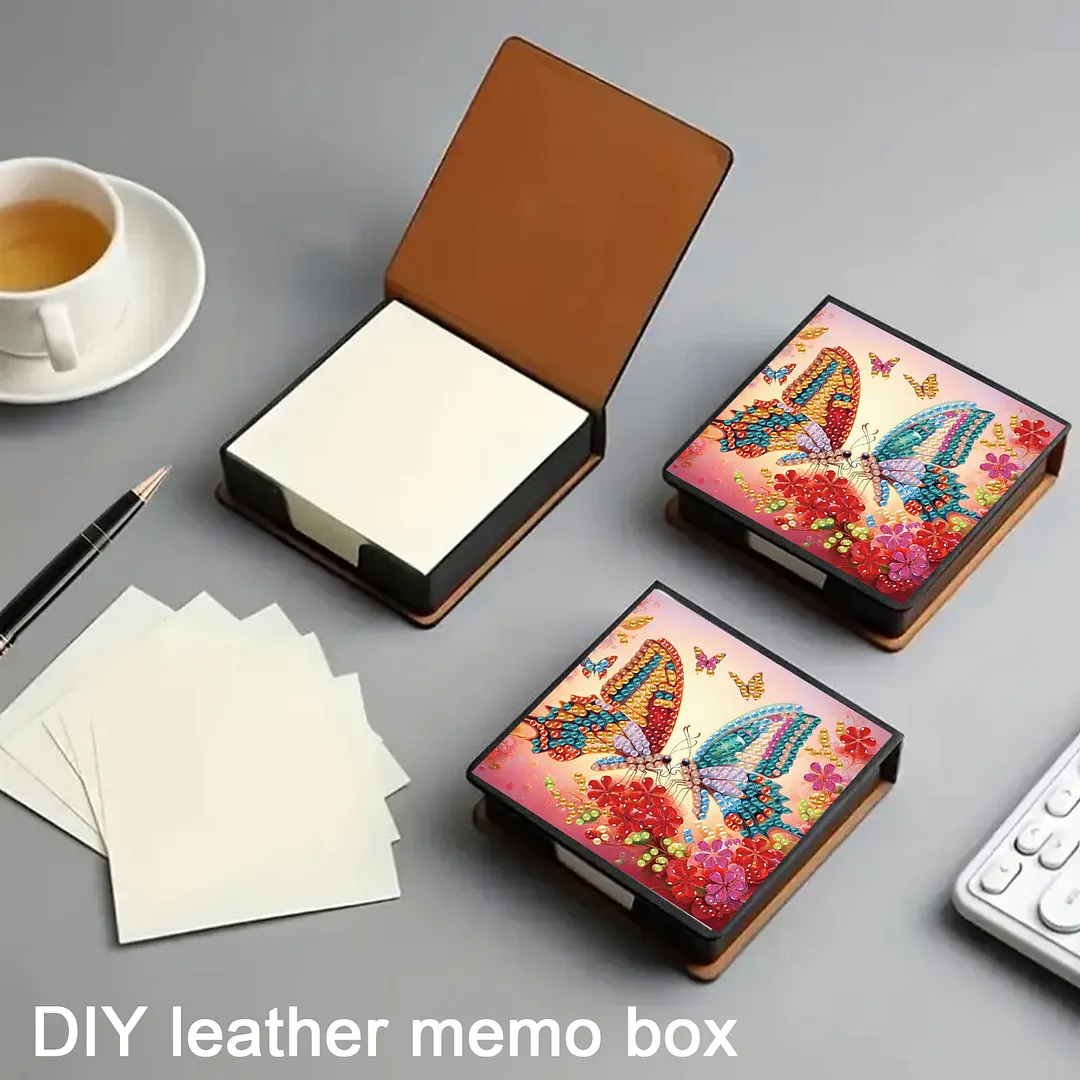 Two Butterflies PU DIY 5D Diamond Painting Note Box w/160 Sheets for Office Home