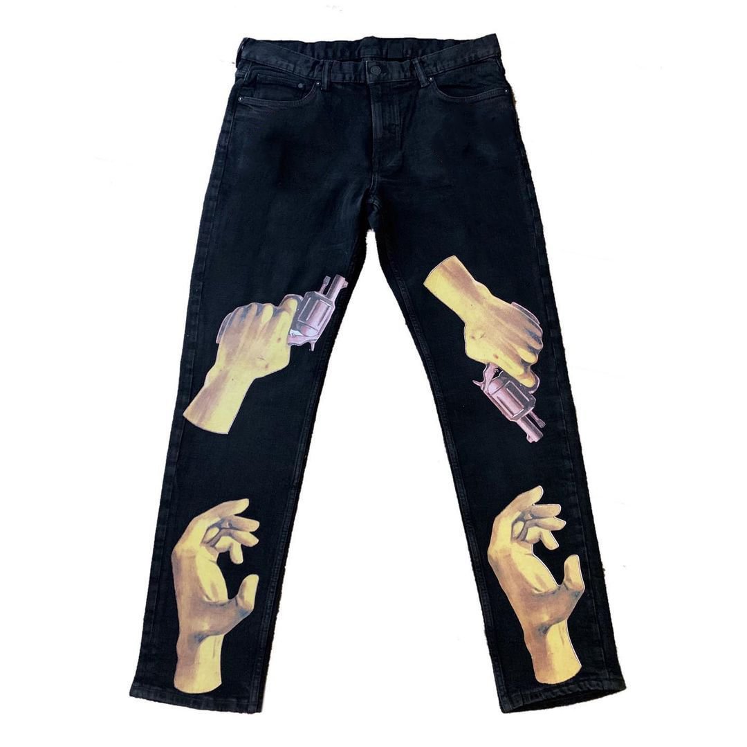 Vintage print loose black cow jeans
