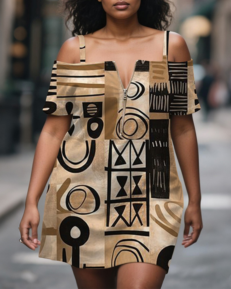 Women's Plus Size Totem Prints Off-Shoulder Zipper Mini Dress