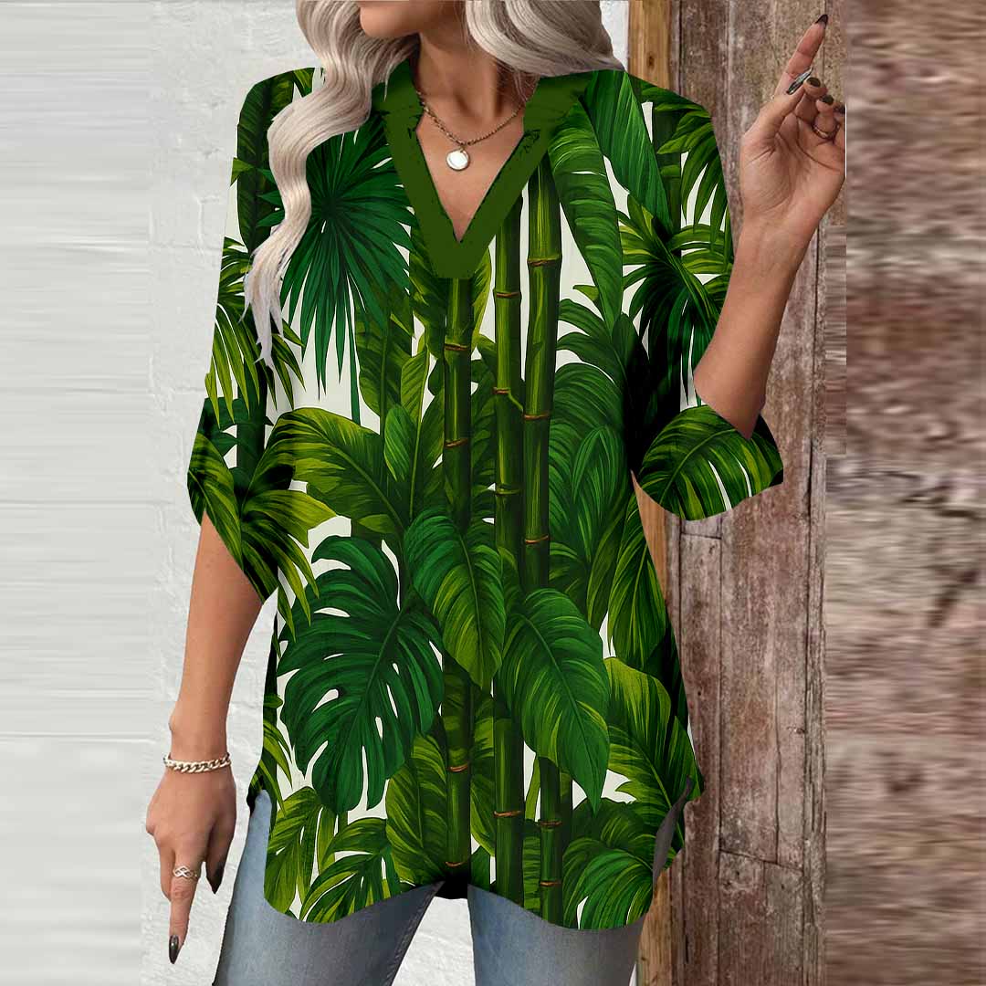 Women Tropical, Leaves, Bamboo, Green DZGA0126 3/4 Sleeve V-neck Printed Graphic Button Tops