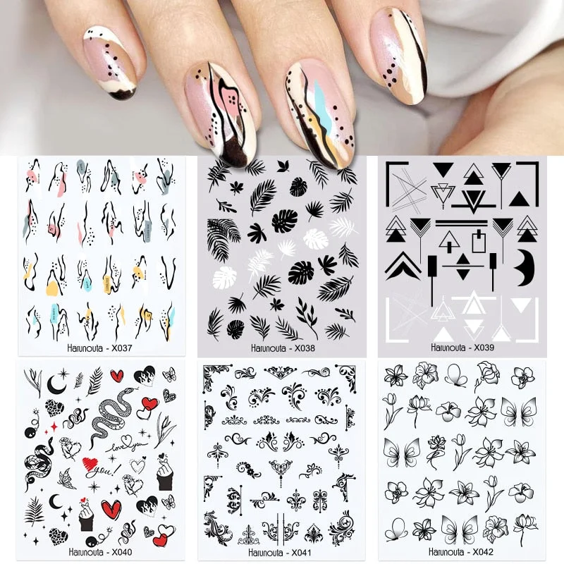 Harunouta 6Pcs Black Leaves Flower Water Decals Dandelion Geometrics Pattern Stickers Sliders For Nails DIY Decoration-Nail Inspo