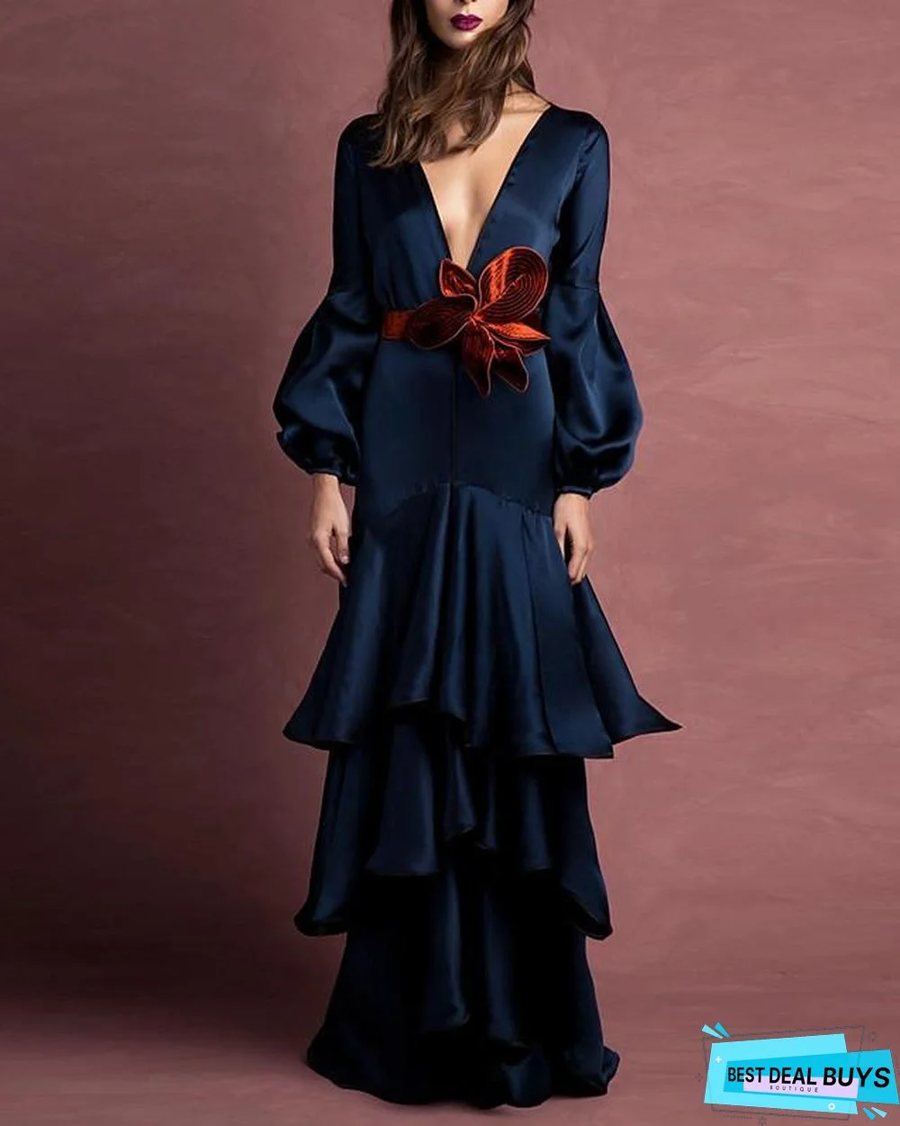 Women's Shift Dress Maxi Long Dress Blue Long Sleeve Solid Color Ruffle Patchwork Summer V Neck Hot Elegant