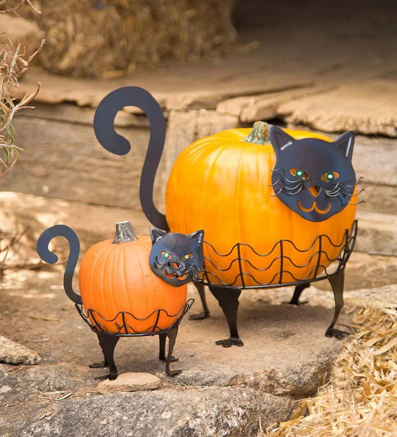 2 Piece Cat Pumpkin Holder Figurine Set