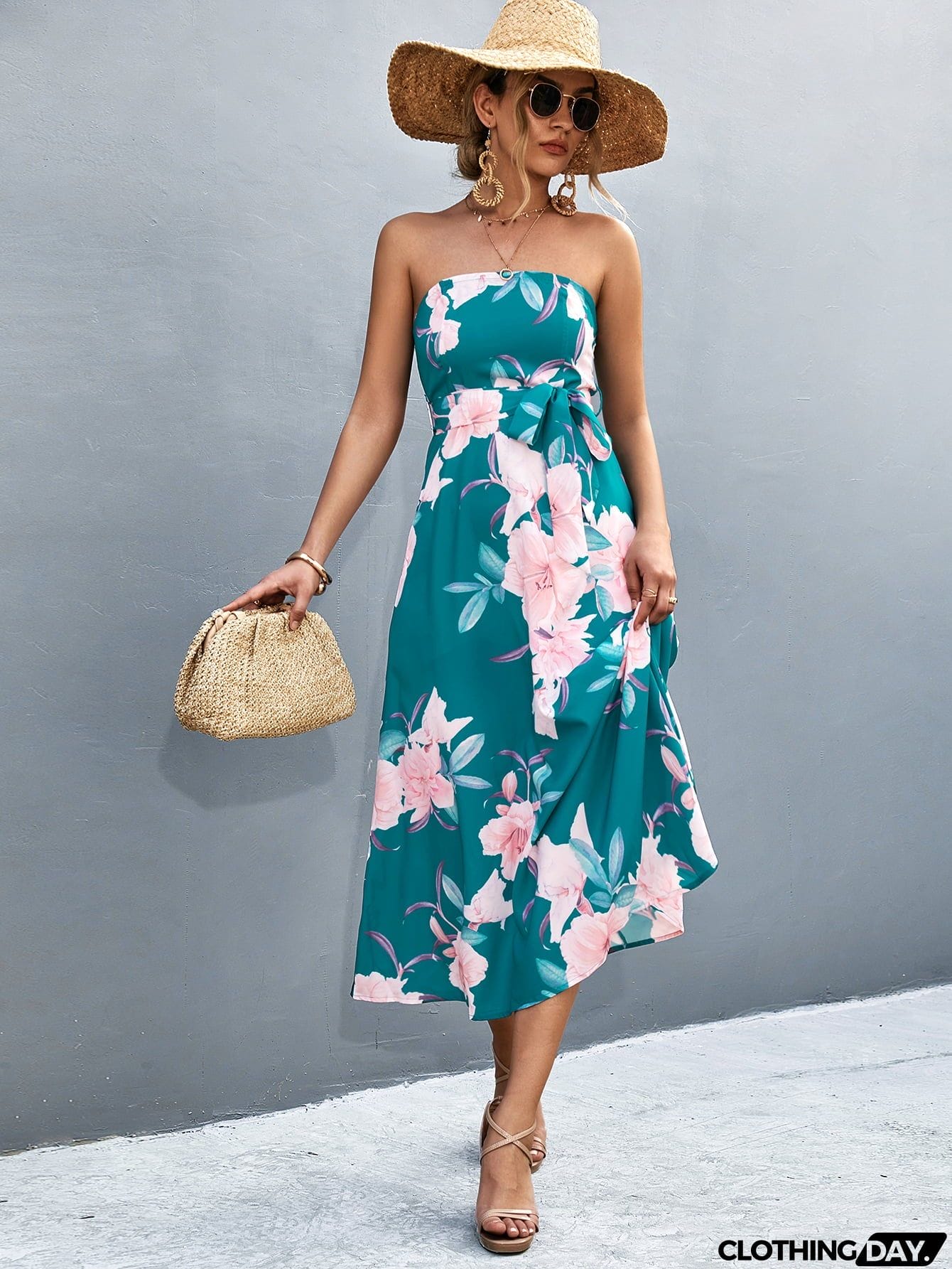 Floral Print Tie Waist Straight Neck Midi Dress