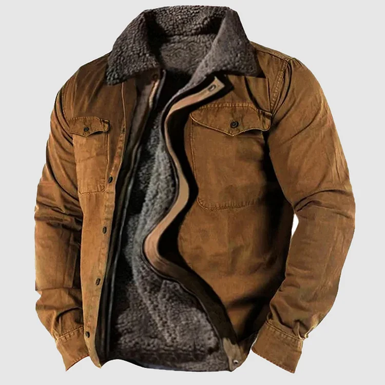 Casual Long Sleeve Zipper Chest Pocket Plush Lined Loose Jacket