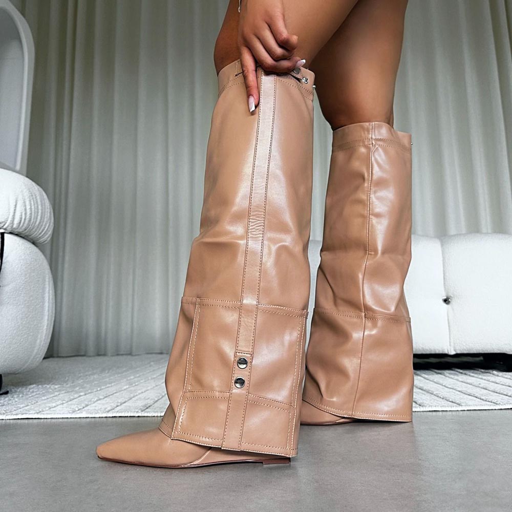 Beige Vegan Leather Pointed Toe 4'' Cork Wedge Heel Fold Over Boots Nicepairs