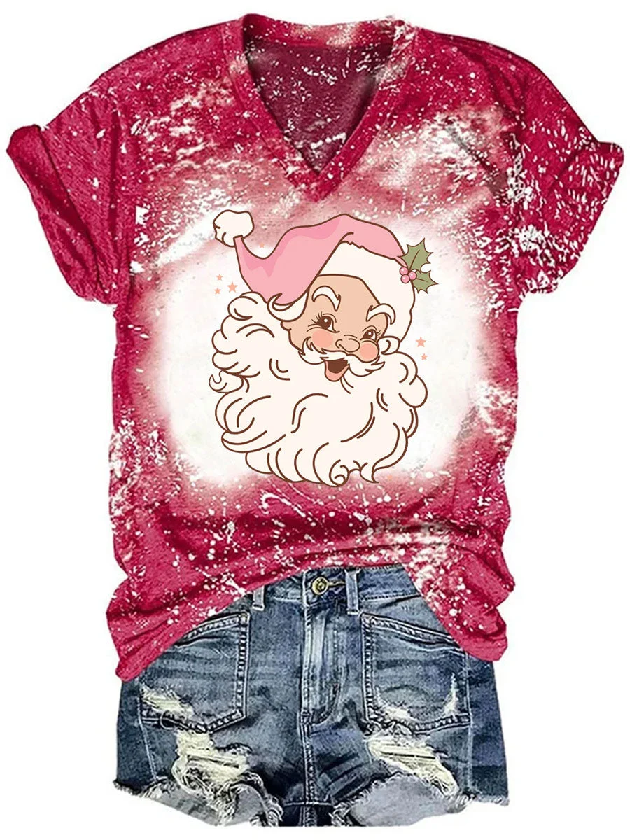 Pink Christmas Santa Tie Dye V-neck T-shirt