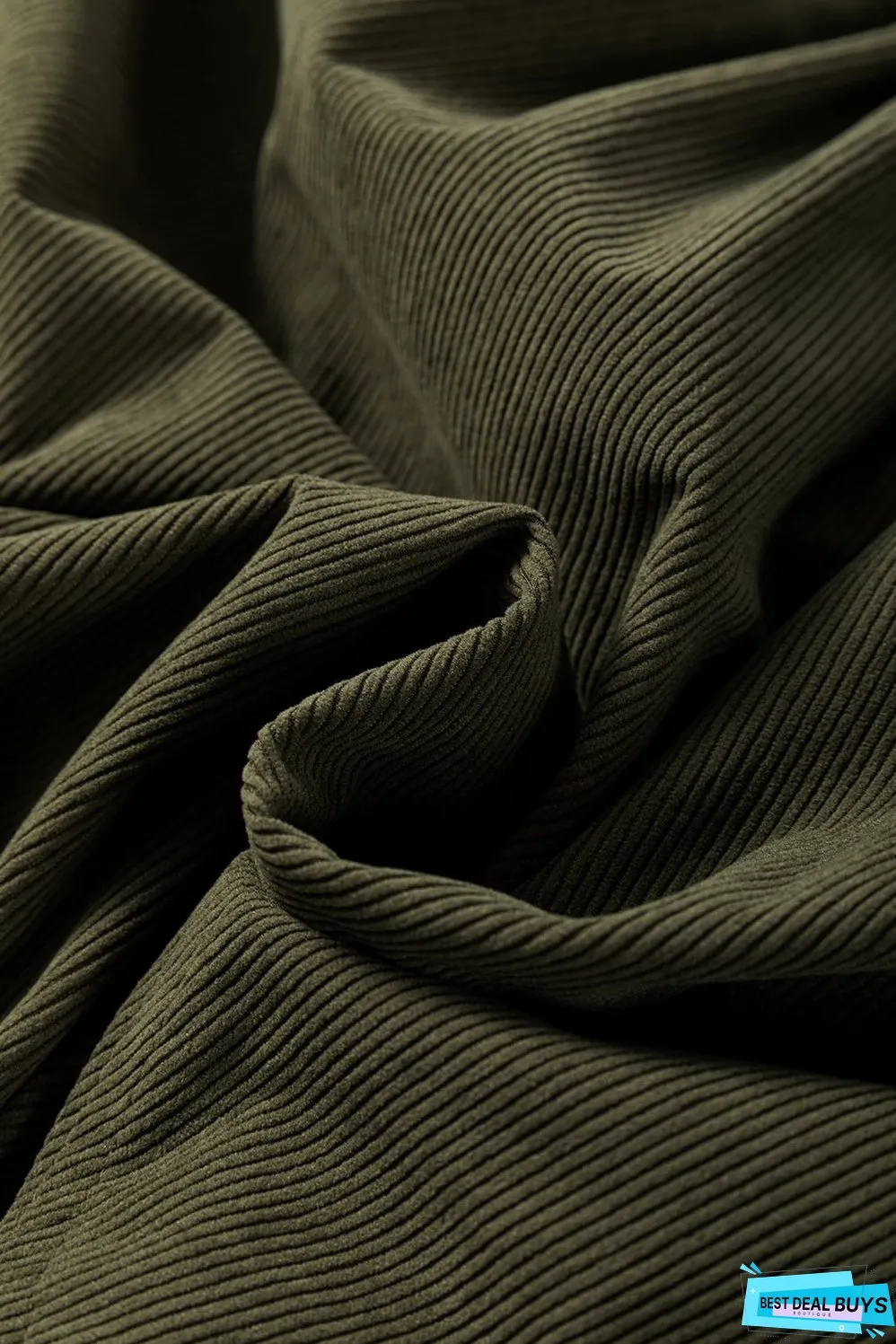 Vineyard Green Corduroy Snap Buttons Empire Waist Bracelet Sleeve Dress