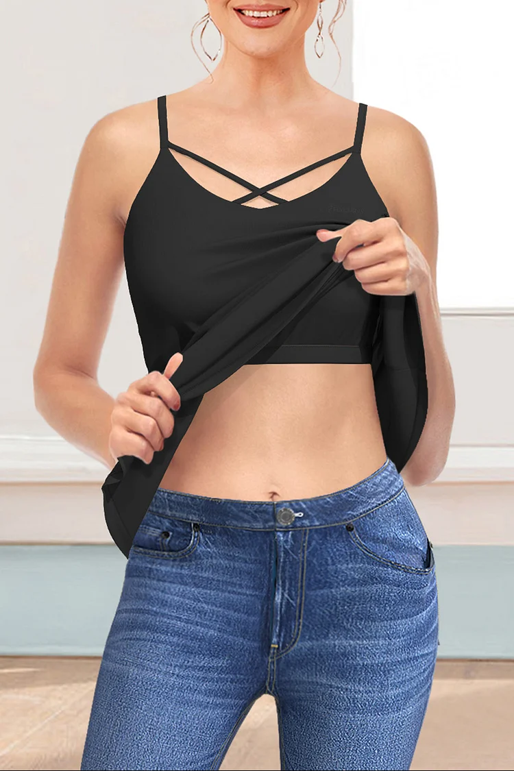 Flycurvy Plus Size Casual Black Crossover Strap Cami With Built In Bra  Flycurvy [product_label]