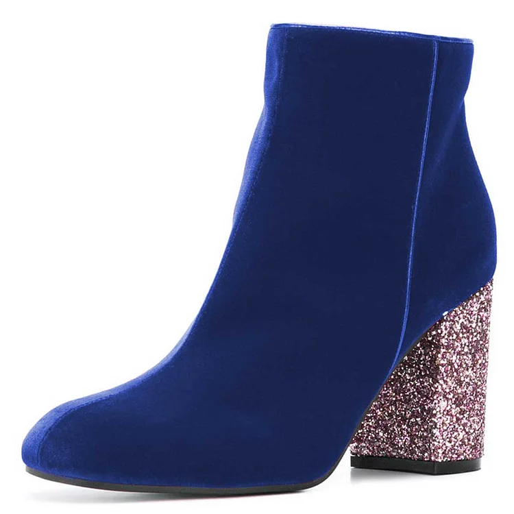 FSJ Blue Velvet Closed Toe Glitter Block Heel Ankle Boots for Women |FSJ Shoes