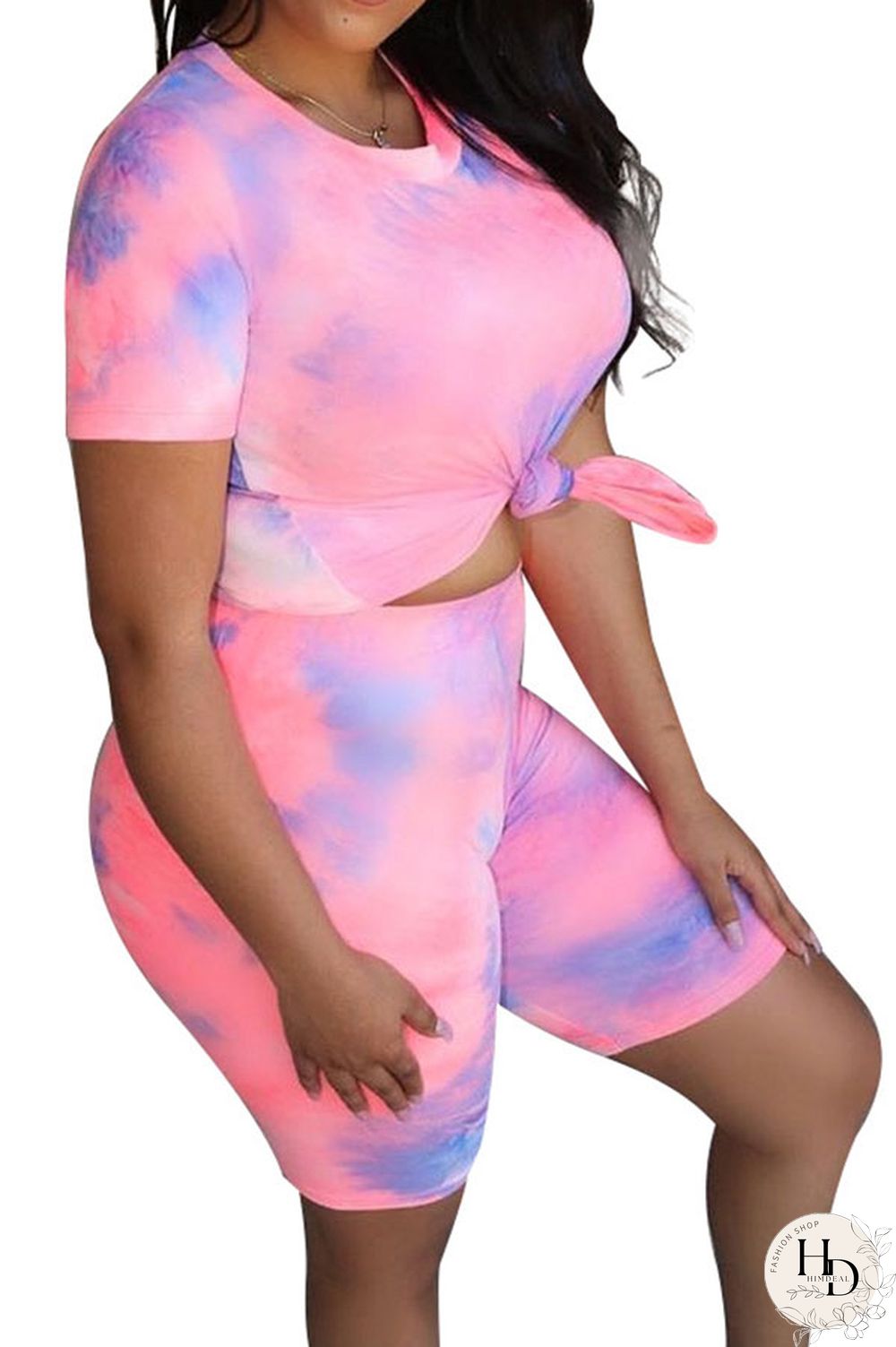 Blue Fashion Casual Active Print Tie Dye Short Sleeve Two Pieces