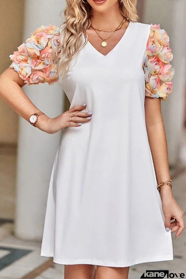 Flower Solid Color Stitching Flower Lace Short Sleeve Dress