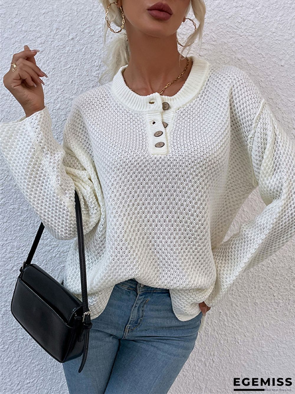 Casual Solid Color Sweater with Round Neck and Buttons | EGEMISS