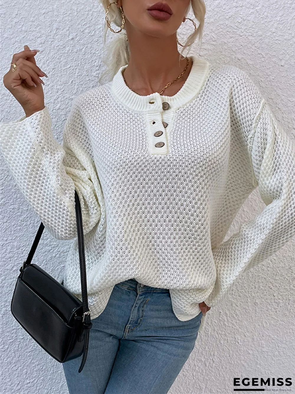 Casual Solid Color Sweater with Round Neck and Buttons | EGEMISS