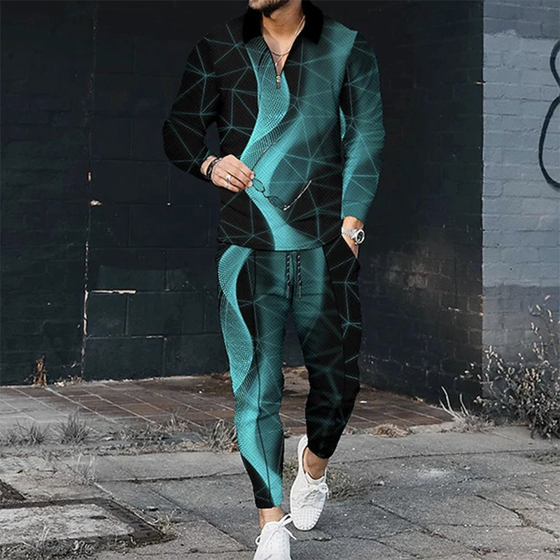 Fashion Dark Pattern Polo Shirt And Pants Two Piece Set