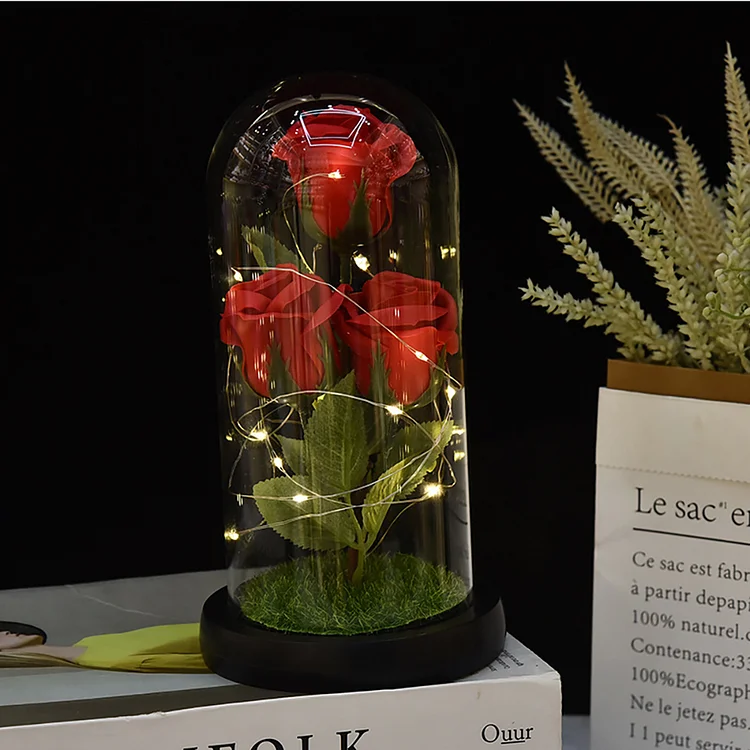 Acrylic/Glass Cover LED Three Roses Preserved Flowers
