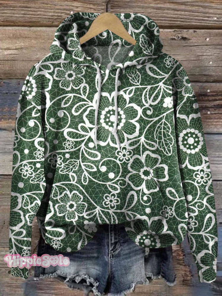 Lace Floral Art Print Casual Hoodie Sweatshirt Multicolor / S