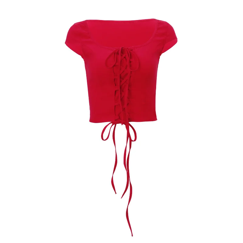 Uveng Uveng Spring New Women's Sexy Short Sleeve Square Collar Tie Pure Desire Temperament Crop Hot Girl Top