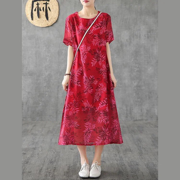 Organic red print linen Robes o neck short sleeve Kaftan Dress