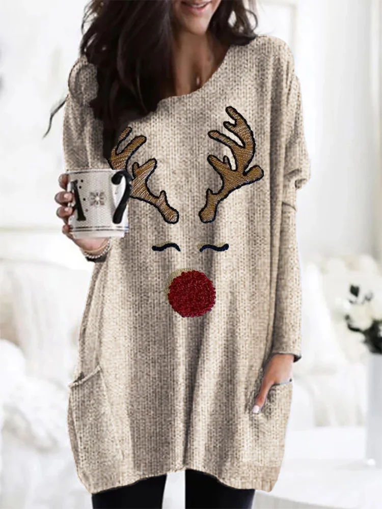 VChics VChics Christmas Reindeer Face Embroidery Cozy Knit Tunic