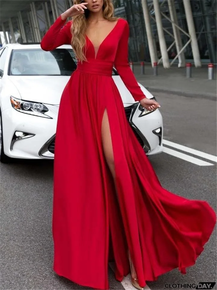 Flowing V Neck Thigh High Slit Dress for Evening Party