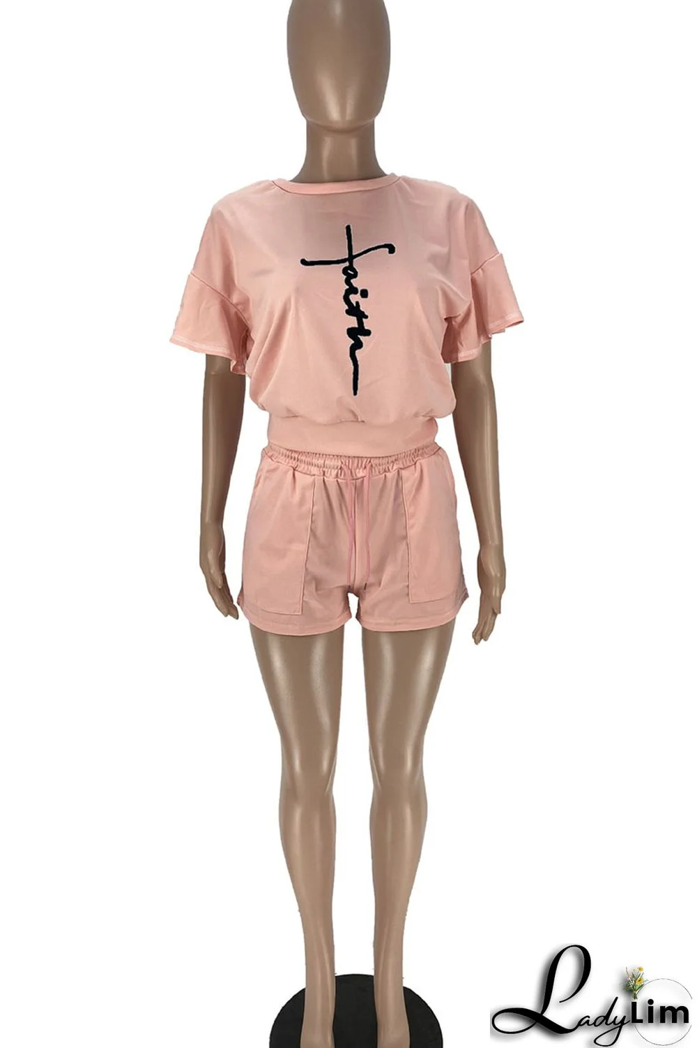 Blue Casual Print Split Joint O Neck Short Sleeve Two Pieces