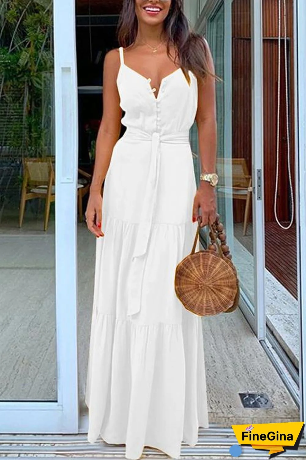 Button Belted Slip Maxi Dress