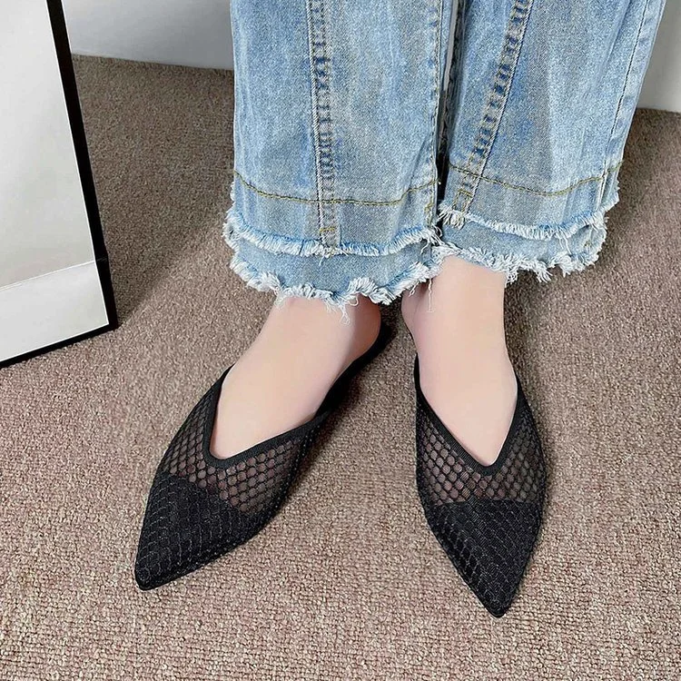 Yyvonne The Summer Of 2025, The New Net Red Pointed Flat Sandals Lazy Half-Dragging Fairy Wind Bag Head Net Black Slippers Woman