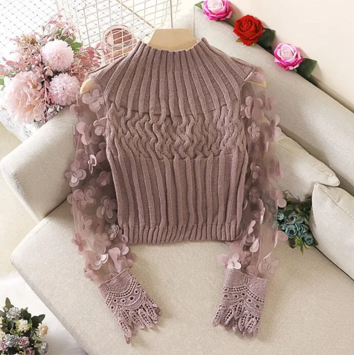 Fairy Flower Puff Sleeve Women Sweater Slim Short Style Patchwork Round Neck Knitting Female Sweaters