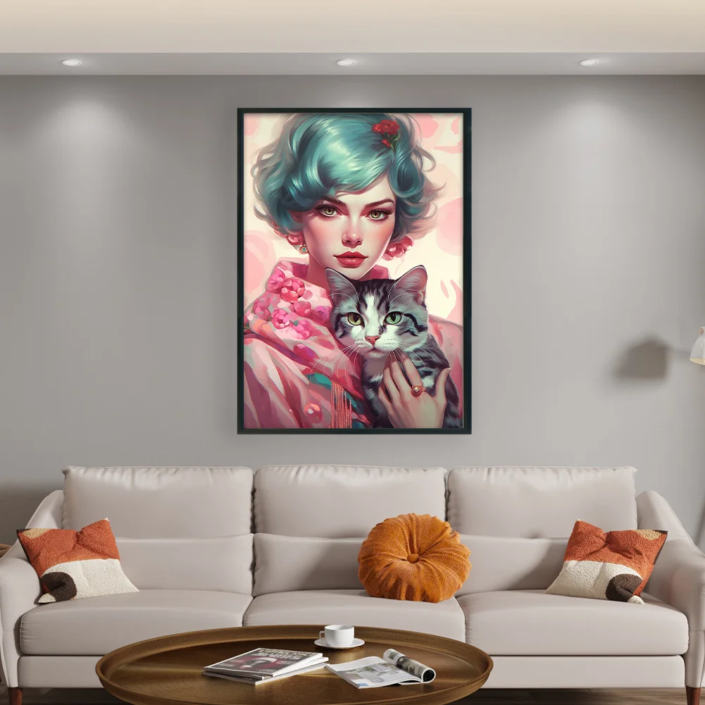 11CT Full Stamped Cross Stitch - Short Hair Woman Cat(Canvas|40*60CM)