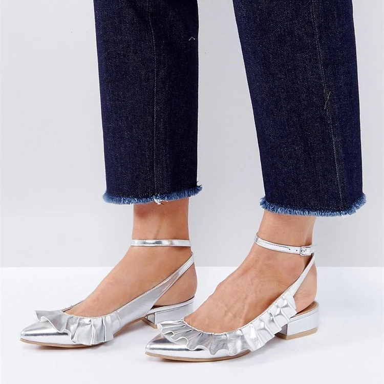 Silver Ruffle Slingback Pumps Chunky Heels Ankle Strap Heels |FSJ Shoes