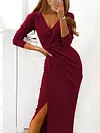 Fashion Solid Color Asymmetric Pleated Split-Side Long Sleeves V-Neck Midi Dress
