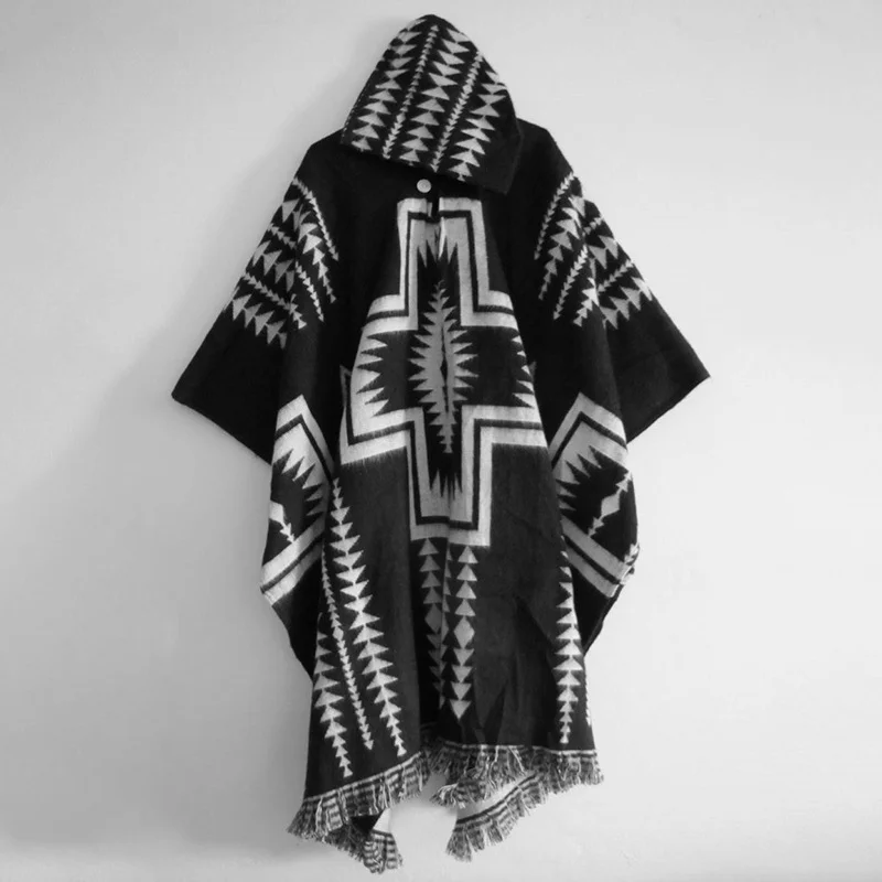 Fashion Retro Ethnic Black Cross Print Totem Cape