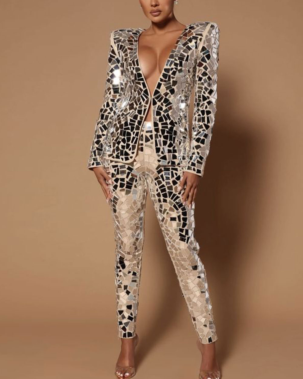 Elegant Mirrored Sequin Blazer And Pants TwoPiece Set