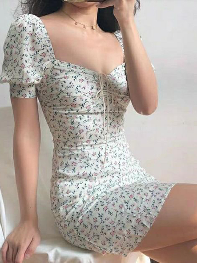 Summer Dress Retro Boho Women Tie Neck Floral Print Floral Mini Sexy White Dress Elegant Puff Sleeve Dresses Korean Vestidos