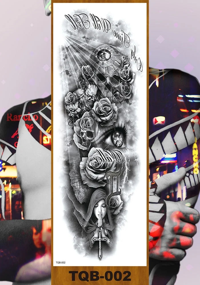 Full Flower Arm Temporary Tattoo Sticker Man Woman Body Leg Fake Tatoo Skull Night Demon Grim Reaper Good and Evil Waterproof
