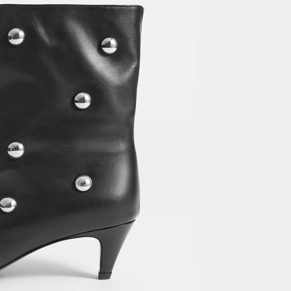 Black Closed Toe Studded Slip On Low Kitten Heeled Ankle Boots