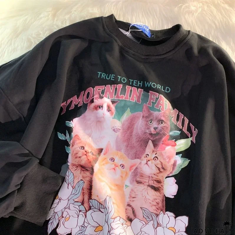 Sweet Cute Cat Print Crewneck Hoody Pullover