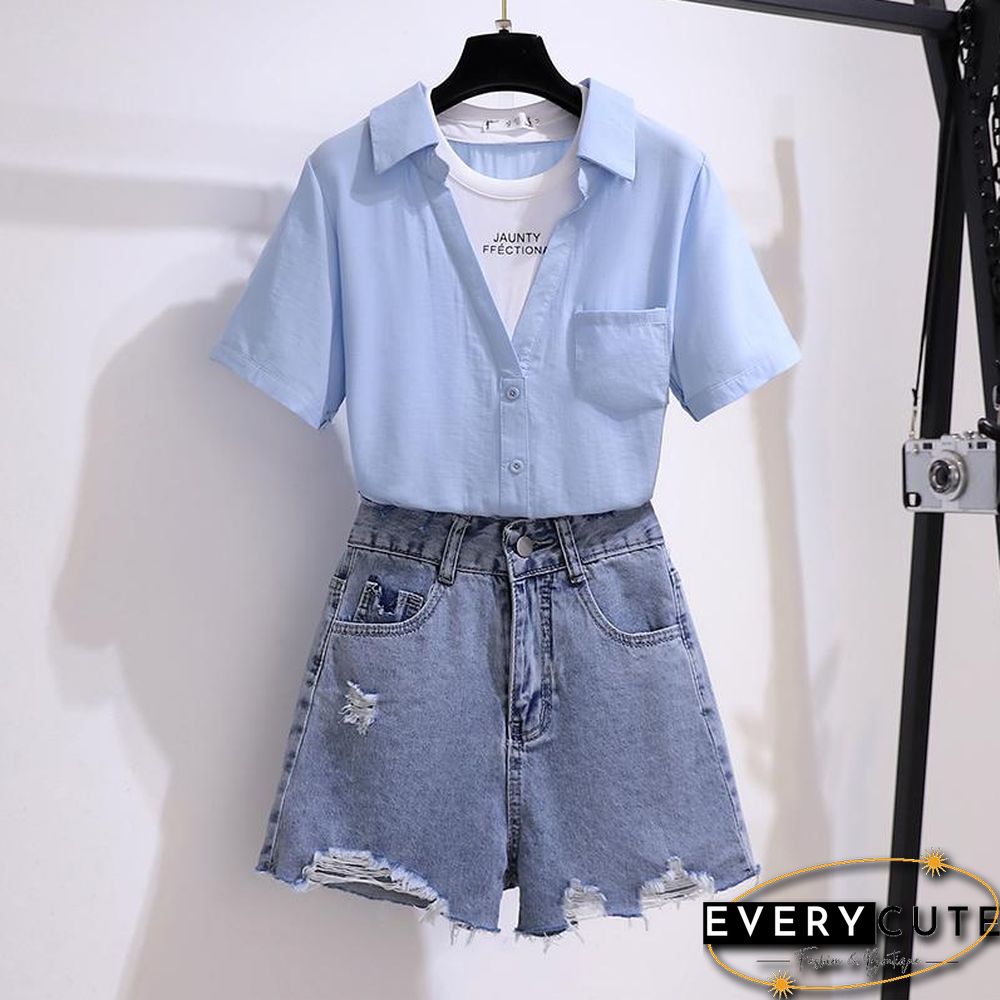 Patchwork Blouse+Hole Denim Shorts P13860