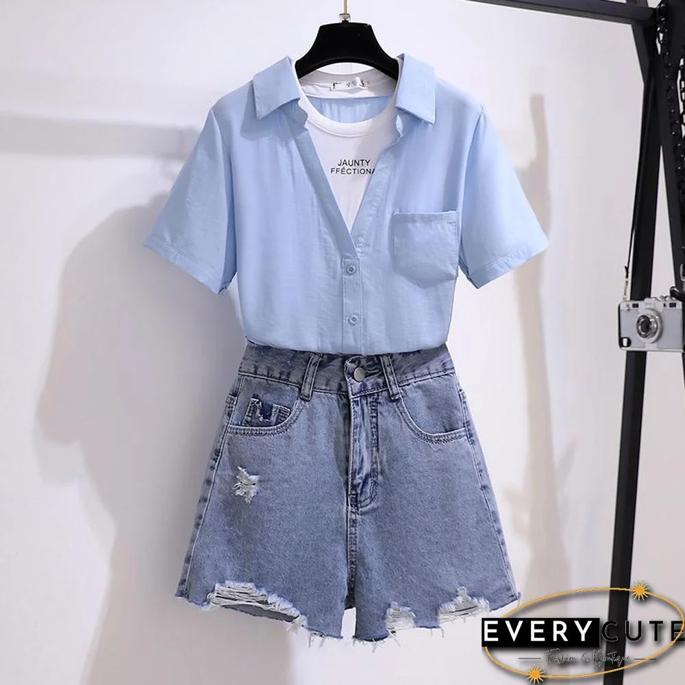 Patchwork Blouse+Hole Denim Shorts P13860