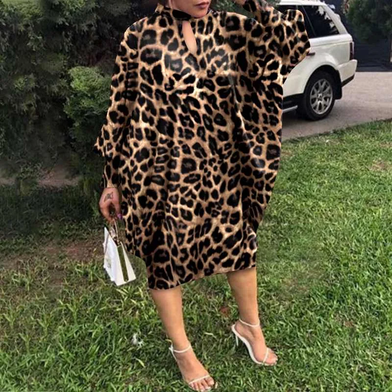 Party Dress Robe Women Long Sleeve Leopard Print Midi Dress 2022 VONDA  Autumn Casual Loose Holiday Long Shirt Vestido Oversized