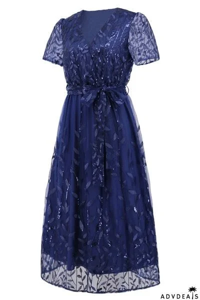 Sequin Leaf Embroidery Tie Front Short Sleeve Dress